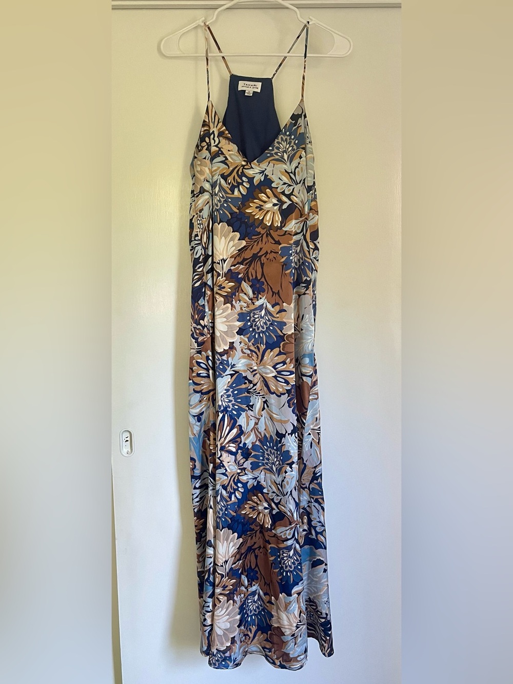 Tahari Blue and Brown Floral Maxi Dress